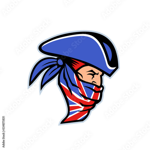 Mascot icon illustration of head of a British highwayman, a robber, bandit or outlaw who stole from travellers wearing a Union Jack bandana viewed from side on isolated background in retro style.