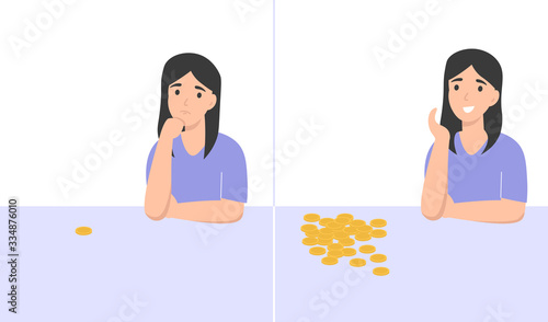 Poor and rich woman. Broke and wealth character. Idea for a new business. Flat vector cartoon modern illustration isolated white background.