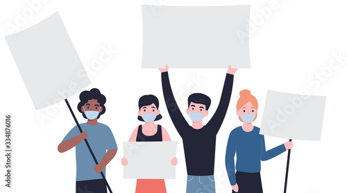Group of people in a protective medical mask holding empty banners. People characters demonstrating blank banners. Male and female protesters or activists. Coronavirus Flat vector modern illustration.