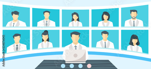 Global Doctor Emergency Medical Crisis TV Video Web Conference Teleconference. Surgeon Specialist Expert Nurse Assistant Online Virtual Meetings. Hospital Team Remote Work During COVID-19 Pandemic