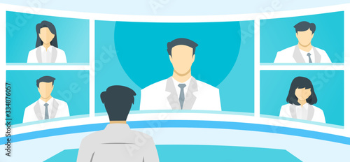 Doctor TV Video Web Conference Teleconference. Surgeon Specialist Medical Expert Nurse Assistant Online Virtual Meetings. Hospital Team Remote Work During COVID-19 Pandemic Lockdown & Self Quarantine