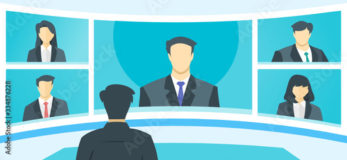 5 Panels Online Virtual Remote Meetings, TV Video Web Conference Teleconference with Male Main. Company CEO President Executive Manager Boss Employee Team Work Learn From Home WFH Live Stream Webinars