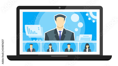 5 Panels Online Virtual Remote Meetings, TV Video Web Conference Teleconference with Male Main. Company CEO President Executive Manager Boss Employee Team Work Learn From Home WFH Live Stream Webinars