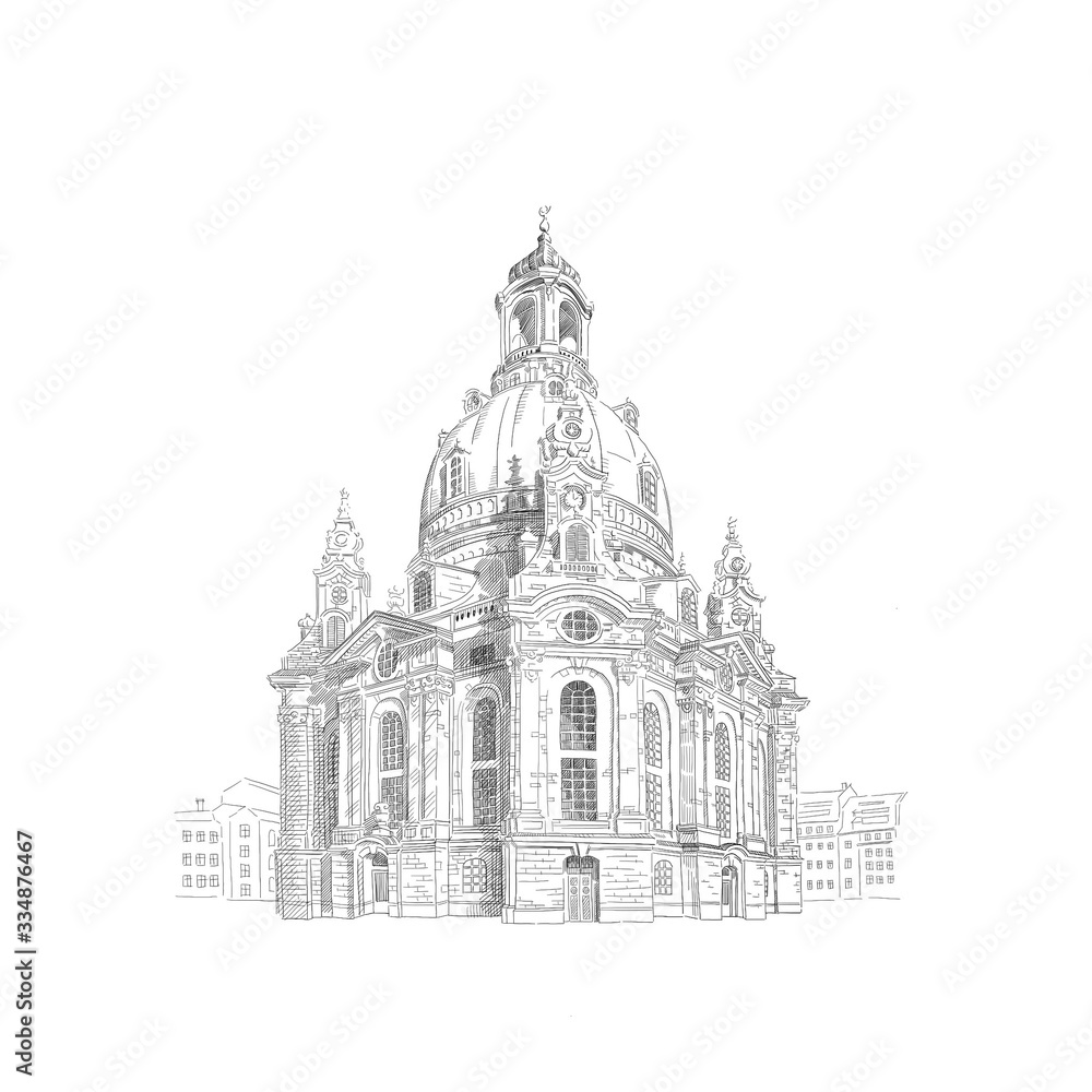Frauenkirche, Church of our Lady in Dresden, Germany. Black and white drawing sketch. Illustration.