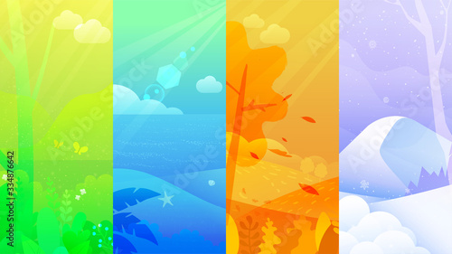 Set of posters for winter, spring, summer and autumn. Vector illustration of four seasons. Object of nature, trees, park, beach and Snowy mountains. Template banner for Seasons holiday.