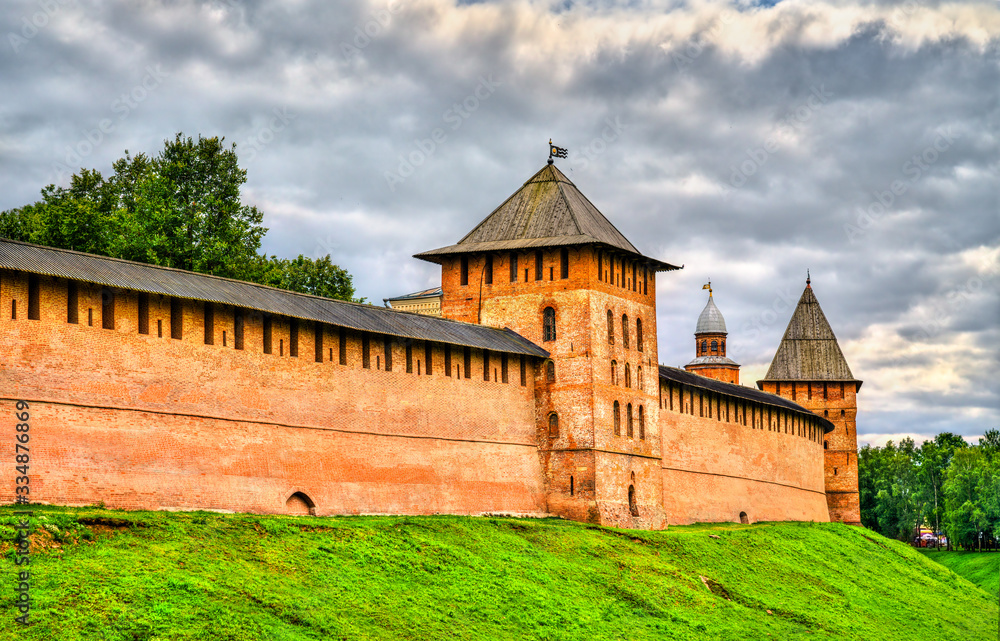 Defensive walls of Novgorod Detinets in Veliky Novgorod, Russia