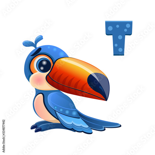 vector icon of funny cartoon toucan with a large beak with the letter of the Russian alphabet, smiling pet, teaching kids to read and write, learning online, smiley, mascot, emoticon bird  eps 10