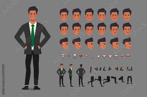 Cartoon character with businessman in casual wear for animation. Front, side, behaviour character. Separate parts of body. Flat vector illustration.