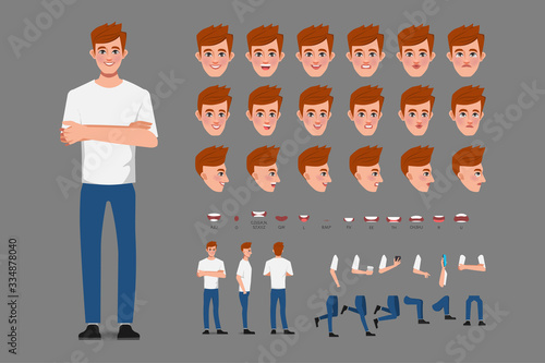 Cartoon character with businessman in casual wear for animation. Front, side, behaviour character. Separate parts of body. Flat vector illustration.