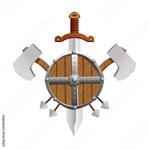 Vector illustration of a medieval coat of arms isolated on white. Includes a sword, axes, a wooden shield and arrows. Can represent the Middle Ages, medieval weapons, an adventure, a quest, a saga, fa