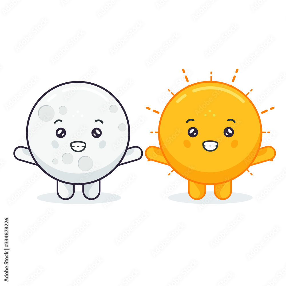 Obraz premium Cute Moon and Sun Characters With Happy Expression