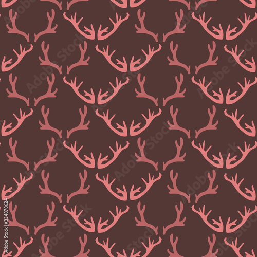 Pink deer antler seamless pattern. Ditzy girly coral red flat color background. Hand drawn forest animal horn doodle style. For woodland textile, rustic nature all over print. Simple drawn swatch
