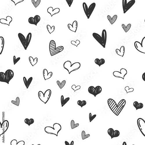Heart doodles seamless pattern. Love illustration hearts hand drawn background.
