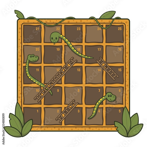 Vector drawing of a cute snakes and ladders game. Includes 3 snakes on a numbered grid with plants.