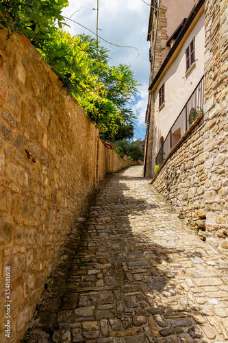 View of the empty historical Via della Polisena or Polisena Street in Cingoli  Marche Region  Province of Macerata  Italy