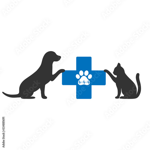 silhouette veterinary symbol of dog and cat on the background of a medical cross with a paw