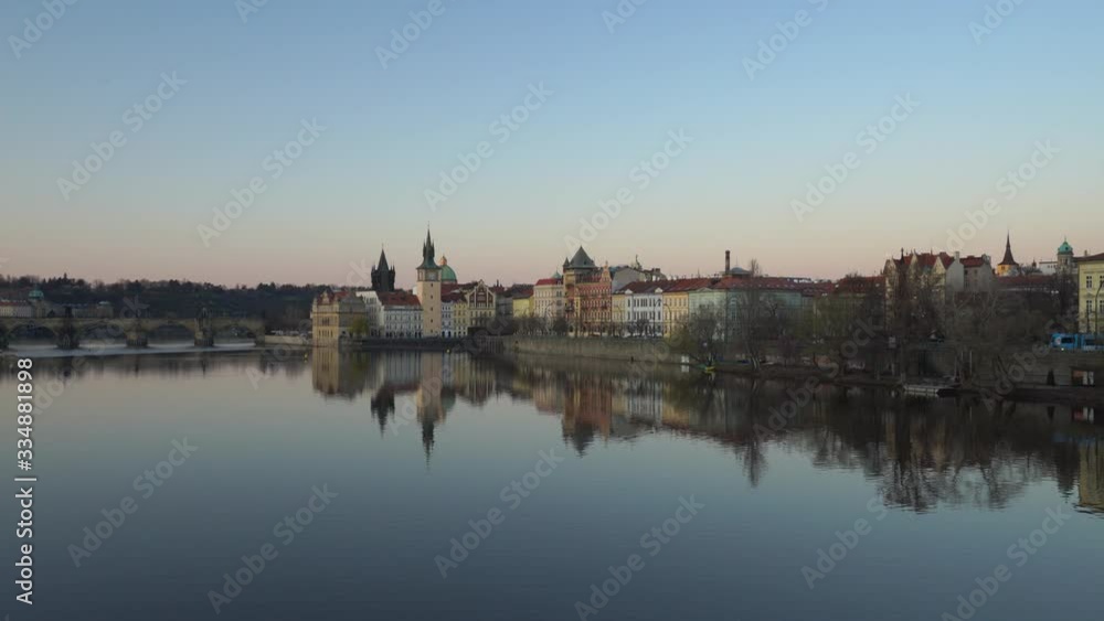 Charles Bridge and Prague Old Town in Czechia. City landscape, river Vltava and beautiful riverside. Pan movement, 4K. Charles Bridge and Prague Old Town in Czechia. City landscape, river Vltava and beautiful riverside. Pan movement, 4K.
