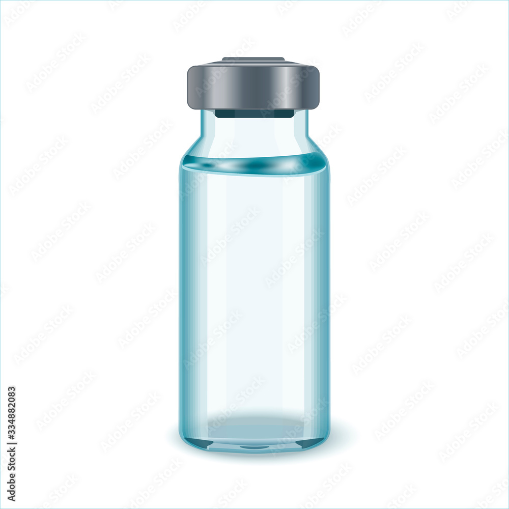 Glass Medicine Vial with aluminium cap. Flu or coronavirus vaccine.Glass Vial of In Injection Solution on white Background.