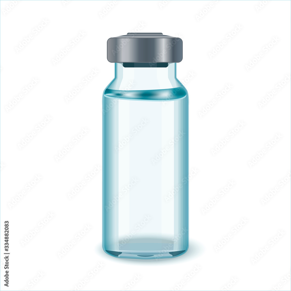 Glass Medicine Vial with aluminium cap. Flu or coronavirus vaccine.Glass Vial of In Injection Solution on white Background. Glass Medicine Vial with aluminium cap. Flu or coronavirus vaccine.Glass Vial of In Injection Solution on white Background.