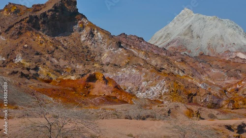 Left to right pan over stunning scenery colorful rainbow mountains with blue sky photo