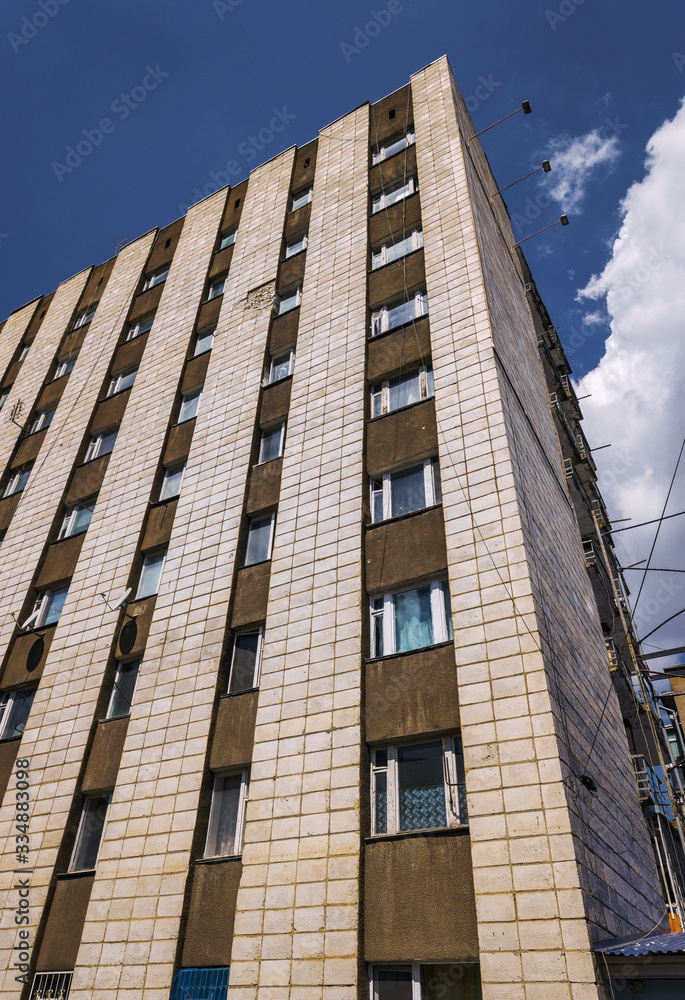 Residential building in Stavropol, Russia, Soviet modernism era brutalism style