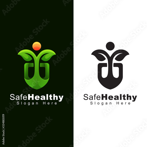 safe healthy logo, human leaf with shield logo design two version