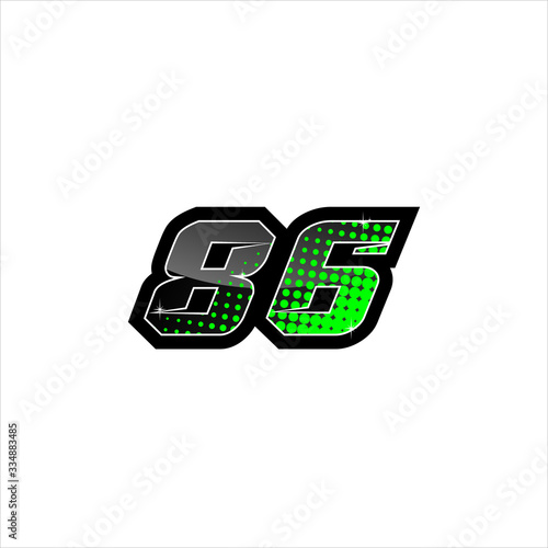 Vector Racing number 86, start racing number, sport race number with green black color and halftone dots style isolated on white background