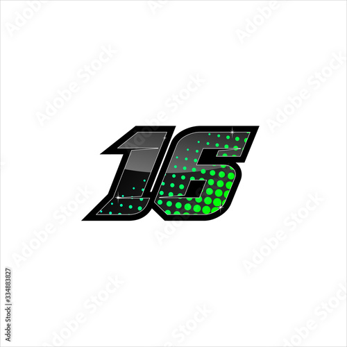 Vector Racing number 16, start racing number, sport race number with green black color and halftone dots style isolated on white background