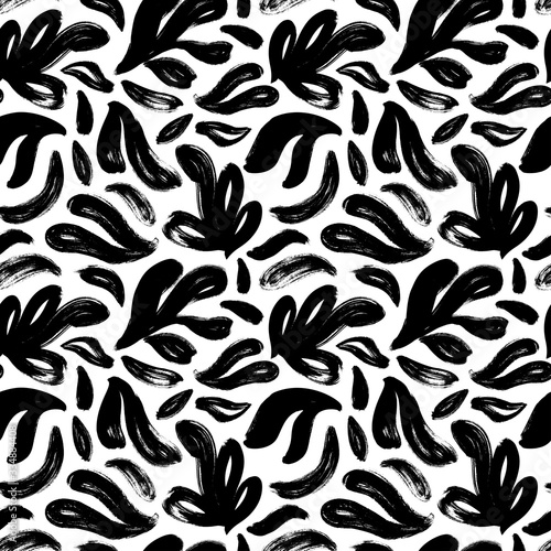 Brush black loose leaves vector seamless pattern. Hand drawn black paint ink illustration with abstract floral motif.