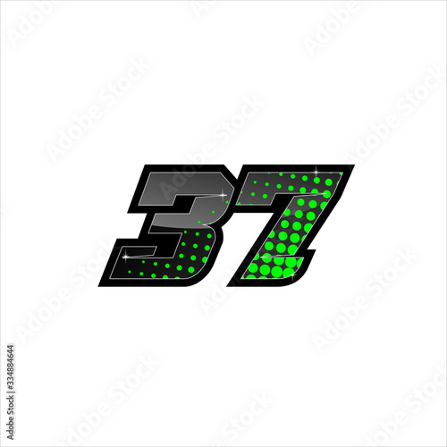 Vector Racing number 37, start racing number, sport race number with green black color and halftone dots style isolated on white background