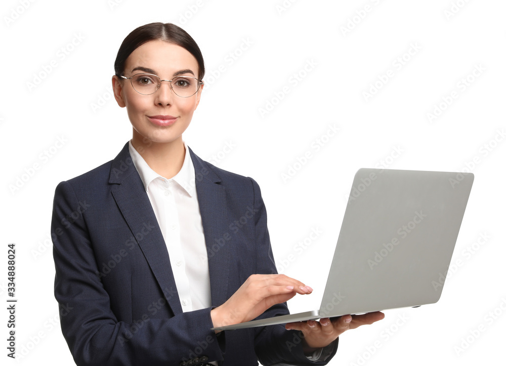 Young businesswoman with laptop on white background Young businesswoman with laptop on white background