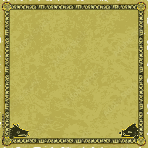 Vector illustration of a square celtic map frame on a worn parchment background. Includes an ornate frame with knots and swirls, a wolf and a boar.