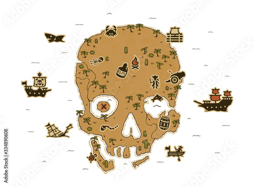 Vector skull island treasure map with palm trees, cacti, a pirate ship, a galleon, a sinking vessel, a rowing corsair, a cannon, a rum bottle, a shark, a barrel, a raft, animals and more.