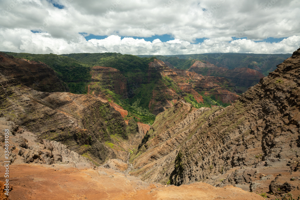 view of the Waimea Canyon in Kauai, Hawaii during cloudy weather view of the Waimea Canyon in Kauai, Hawaii during cloudy weather
