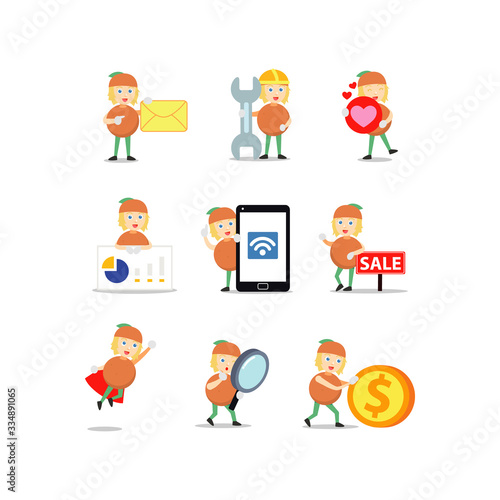 Set character of woman wearing orange fruit costume as fresh fruit for juice.