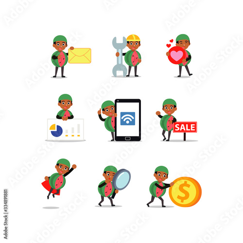 Set character of man creating cute slice-shaped watermelon costumes.