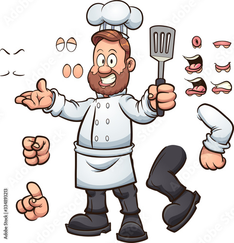 Cartoon chef with different poses and expressions. Vector clip art illustration with simple gradients. Some elements on separate layers.