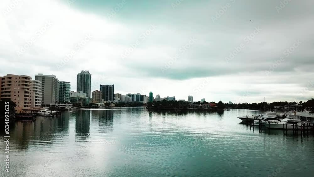 Rising aerial shot of a dark and dreary beach city. 4K Rising aerial shot of a dark and dreary beach city. 4K