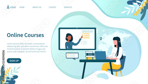 Illustrated online courses concept with woman on laptop. Vector illustration