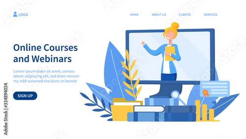 Illustrated online courses concept with teacher on screen. Vector illustration