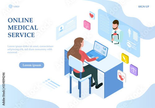 Illustrated online medical service concept with woman on laptop talking to online doctor from home. Vector illustration