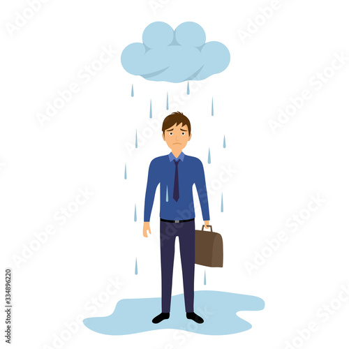 Businessman leaving job vector illustration on white background. Fired office worker in flat design. Employee firing concept. Company staff standing under cloud and rain.