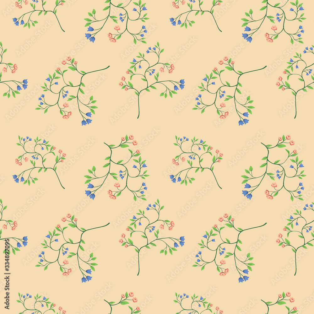 Hand drawn decorative seamless pattern with gentle flowers. Floral bouquet vector pattern with small flowers and leaves. Plants ornament for textile, fabric, print, wallpaper, wrap paper