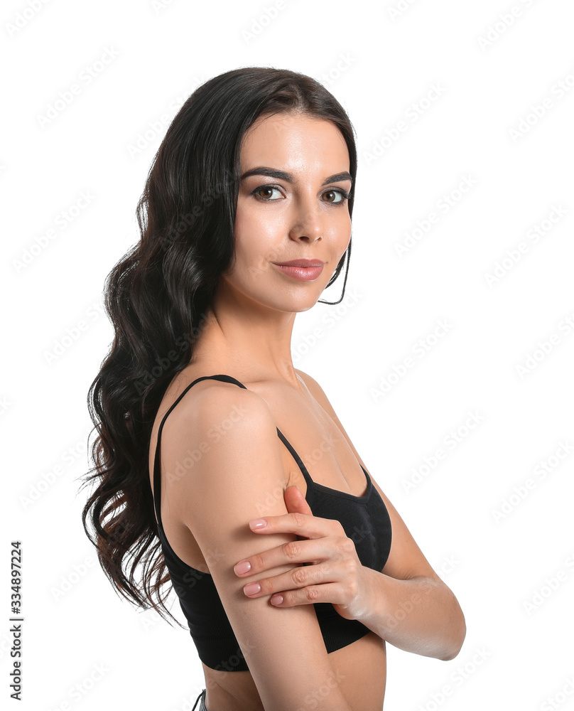 Young woman with beautiful healthy hair on white background Young woman with beautiful healthy hair on white background