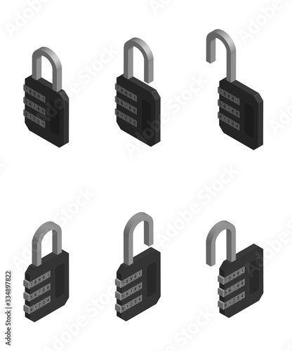 isometric locks with a digital code password in open and closed position in gray colors on a white background. Isolated vector