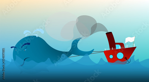 fishing boat, trawler in the open sea drags a whale. The extermination of animals. Prohibited fishing. Illustration in cartoon style, vector