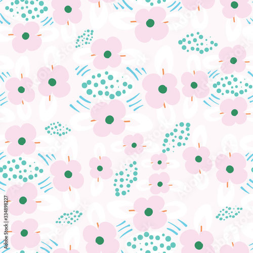 Light pink with pink flowers and teal dots seamless pattern background design.