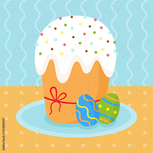 Cute Easter cake on colorful background. Easter card.