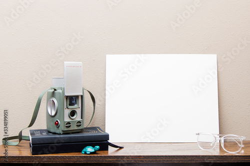 mockup blank white board on a desk