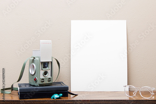 mockup blank white board on a desk